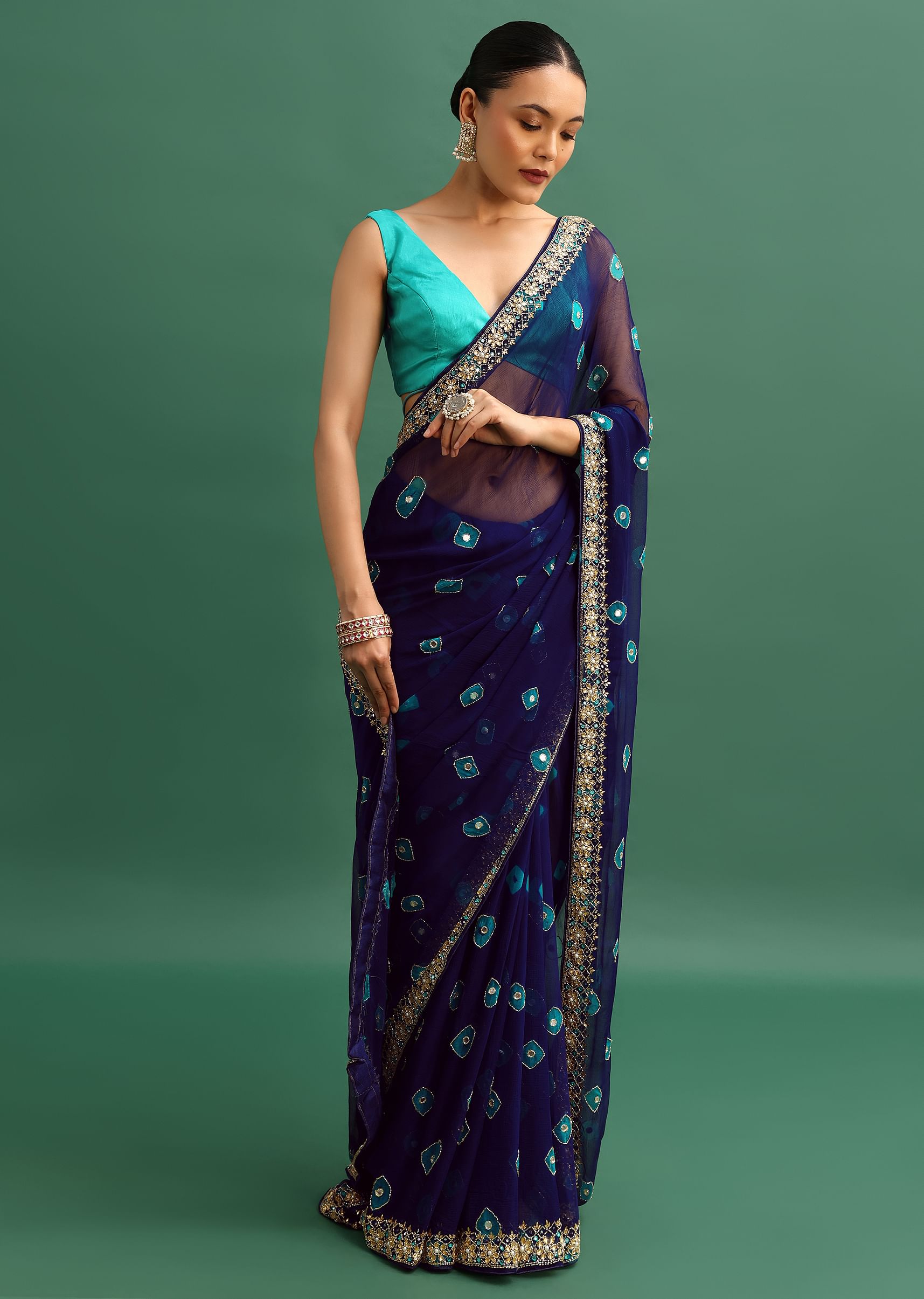 Buy Midnight Blue Chiffon Bandhani Saree With Kundan Embroidered Border And Unstitched Blouse KALKI Fashion Global