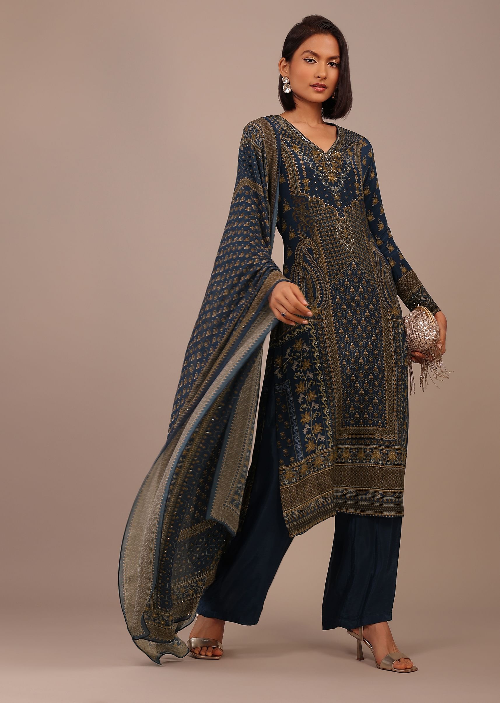 Buy Midnight Blue Printed Palazzo Suit With Stonework In Crepe KALKI Fashion Global