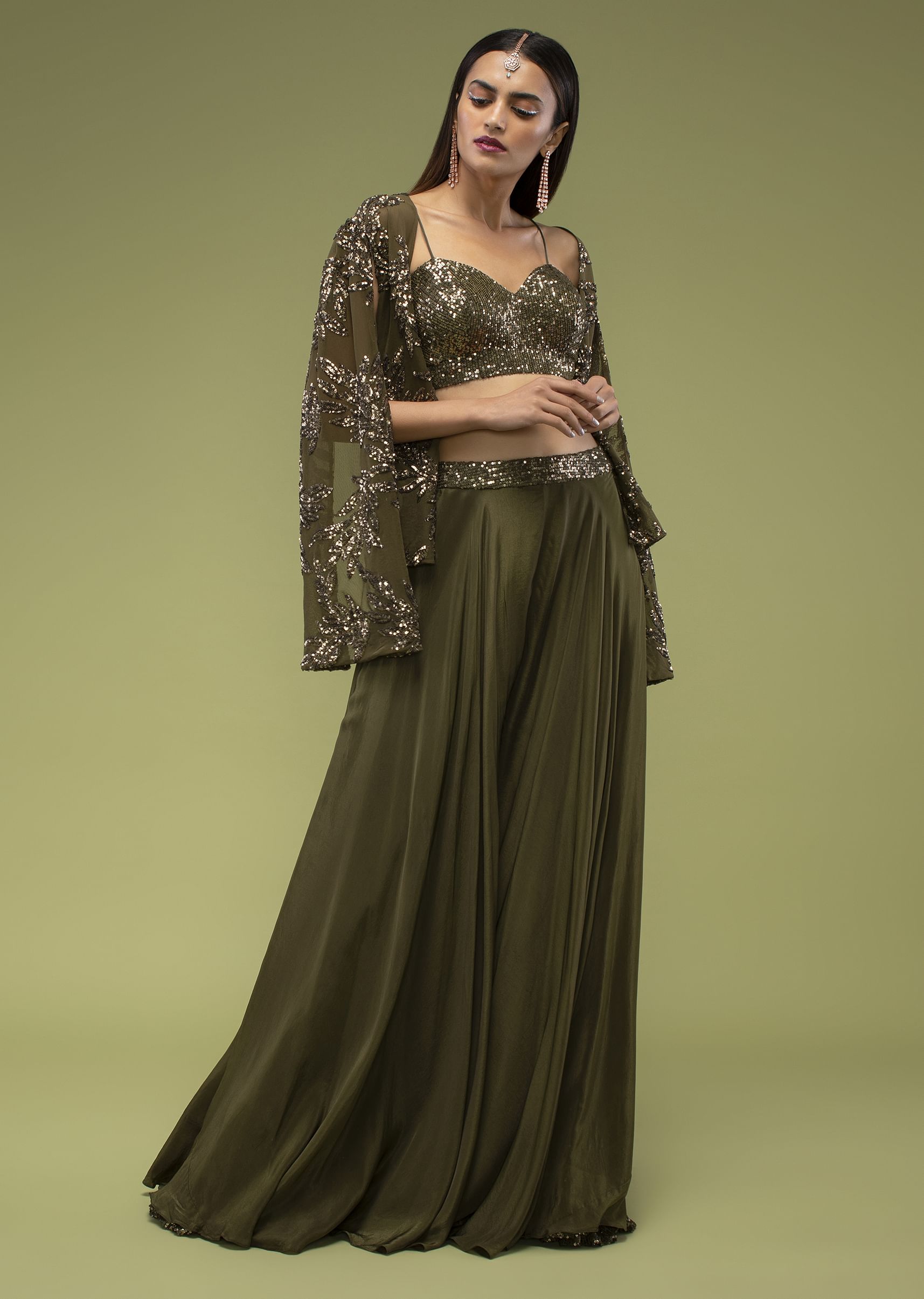 Buy Olive Green Palazzo and Crop Top Set with Sequins Embroidery