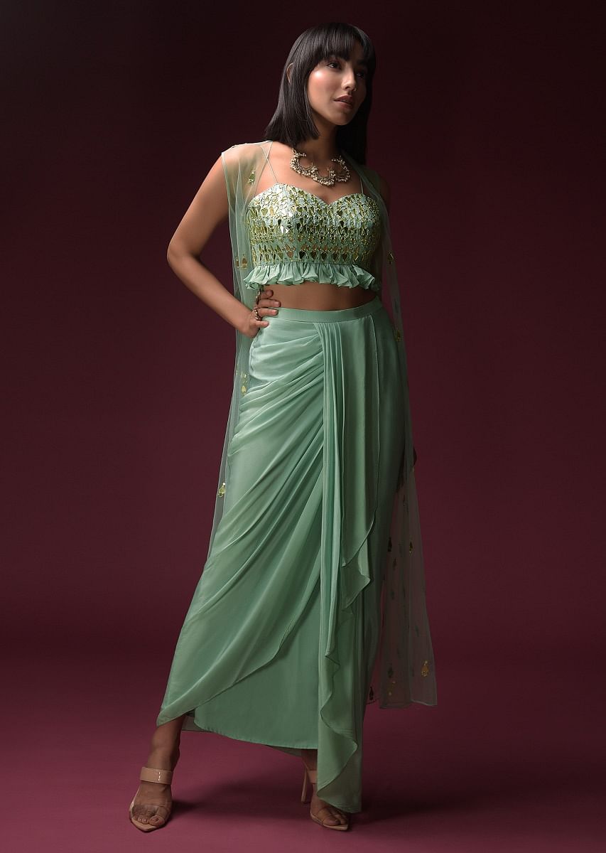 Buy Mint Blue Dhoti Skirt And Ruffled Crop Top Set With Flower Shaped Mirror Work And Sleeveless Net Jacket Online Kalki Fashion