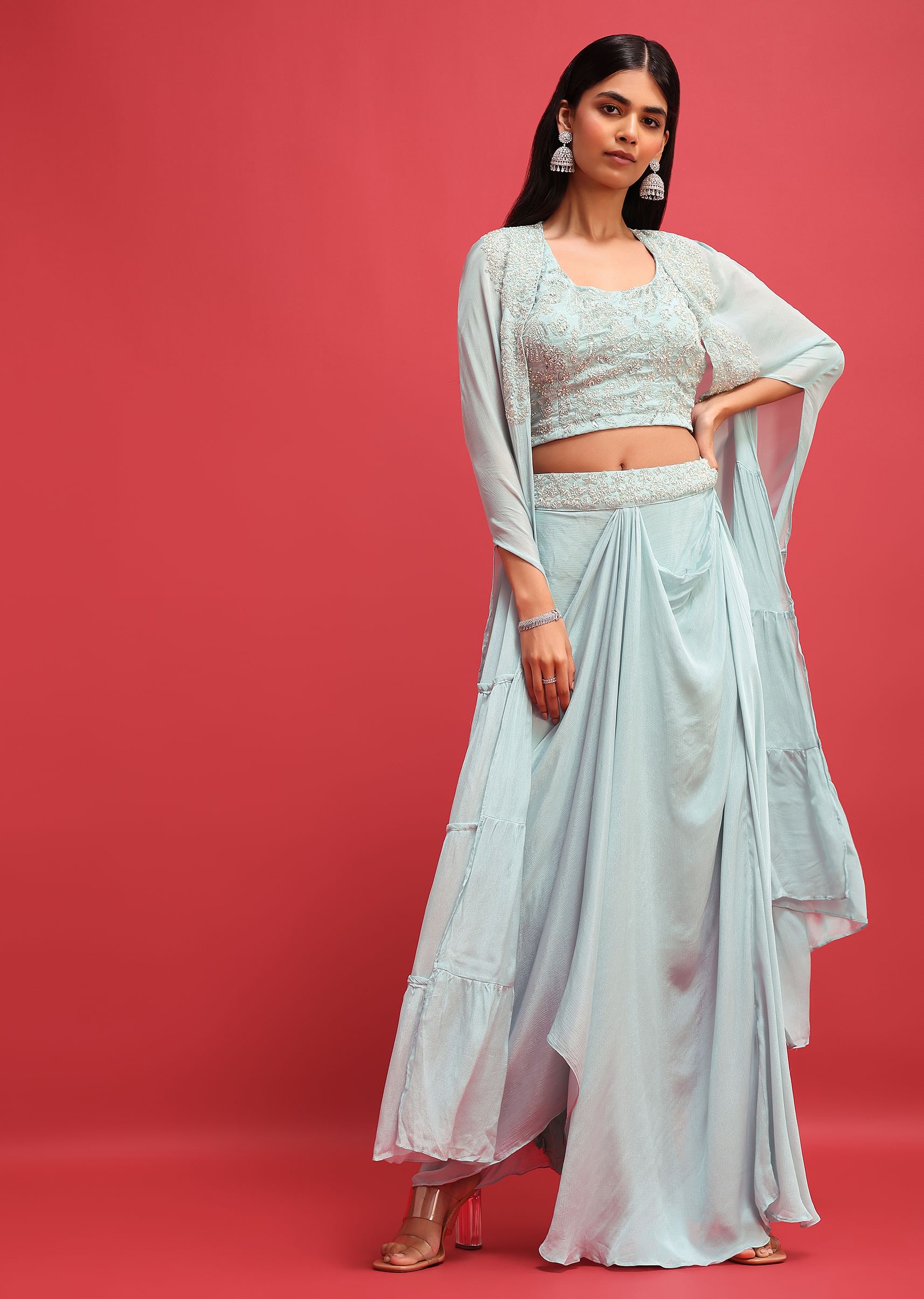 Buy Mint Blue Embroidered Crop Top Set With Jacket KALKI Fashion India