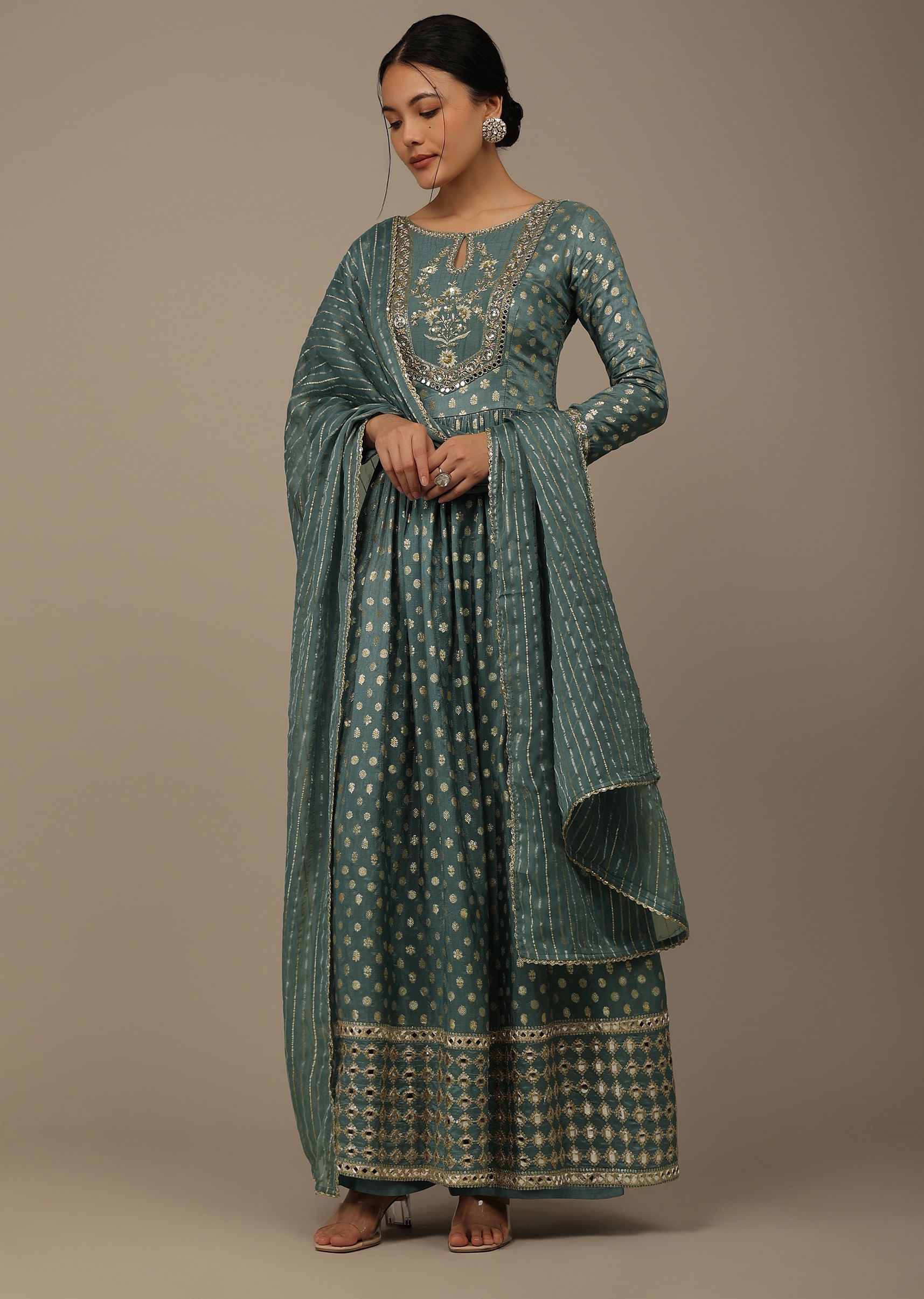 Buy Mint Blue Banarasi Brocade Silk Palazzo kurta pant set with Embroidery KALKI Fashion India