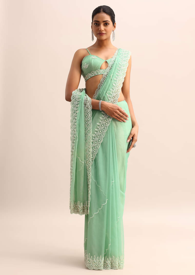 Mint Blue Organza Saree With Cutdana Embroidery And Scallop Border With Unstitched Blouse
