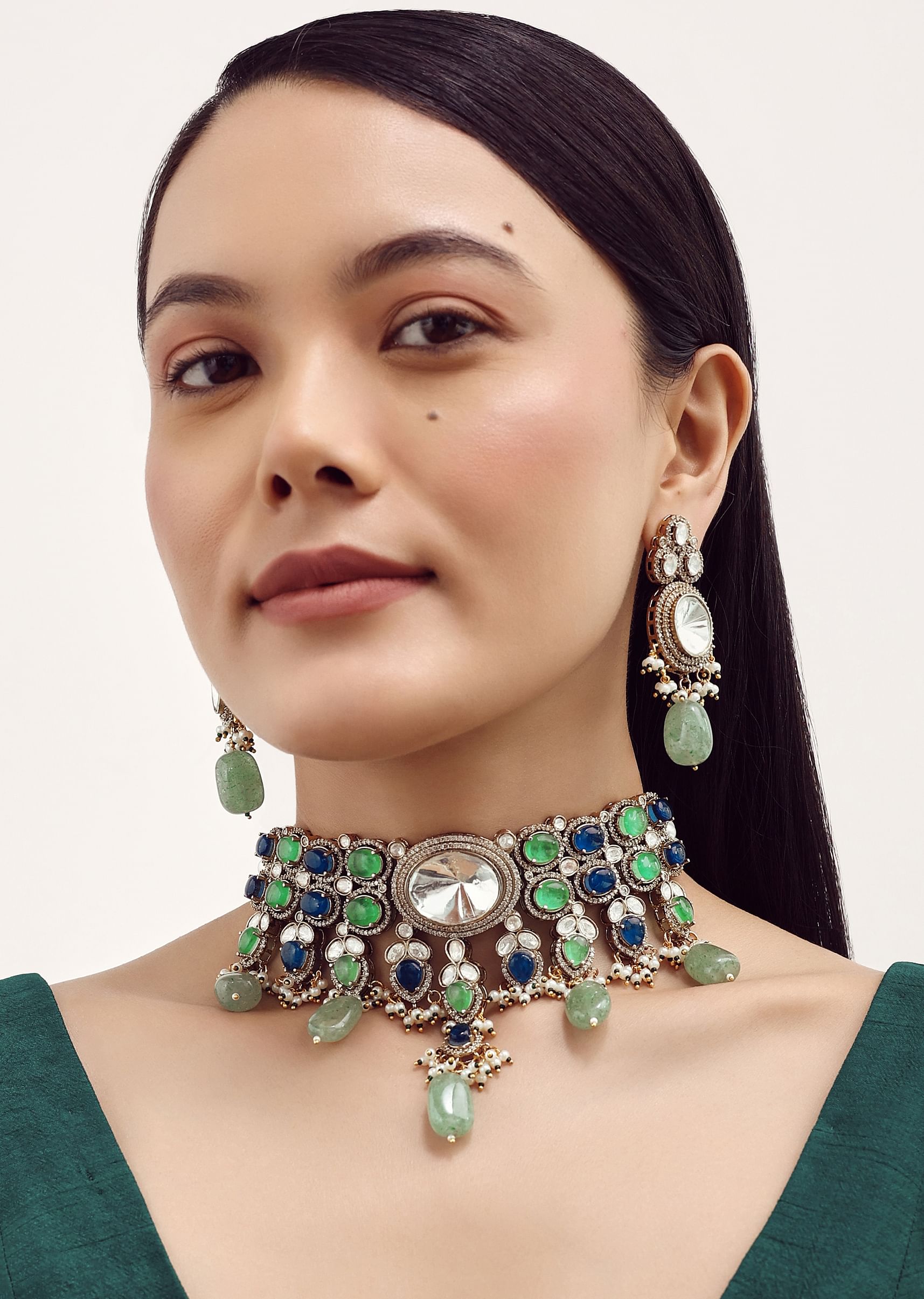 Buy Mint Green And Gold Finish Moissanite Necklace Set With Earrings