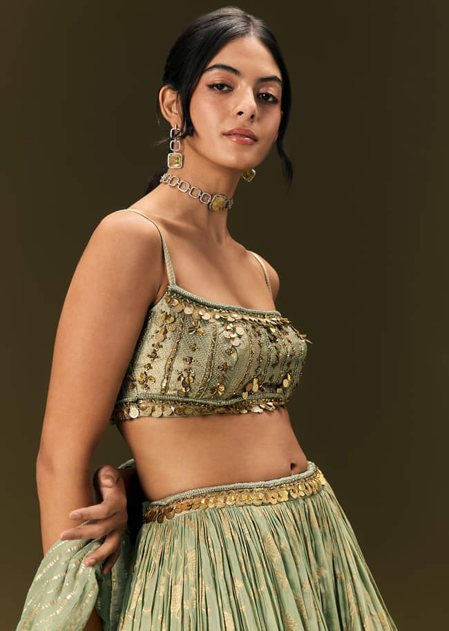 Mint Green Crepe Lehenga Choli Set With Coin Work