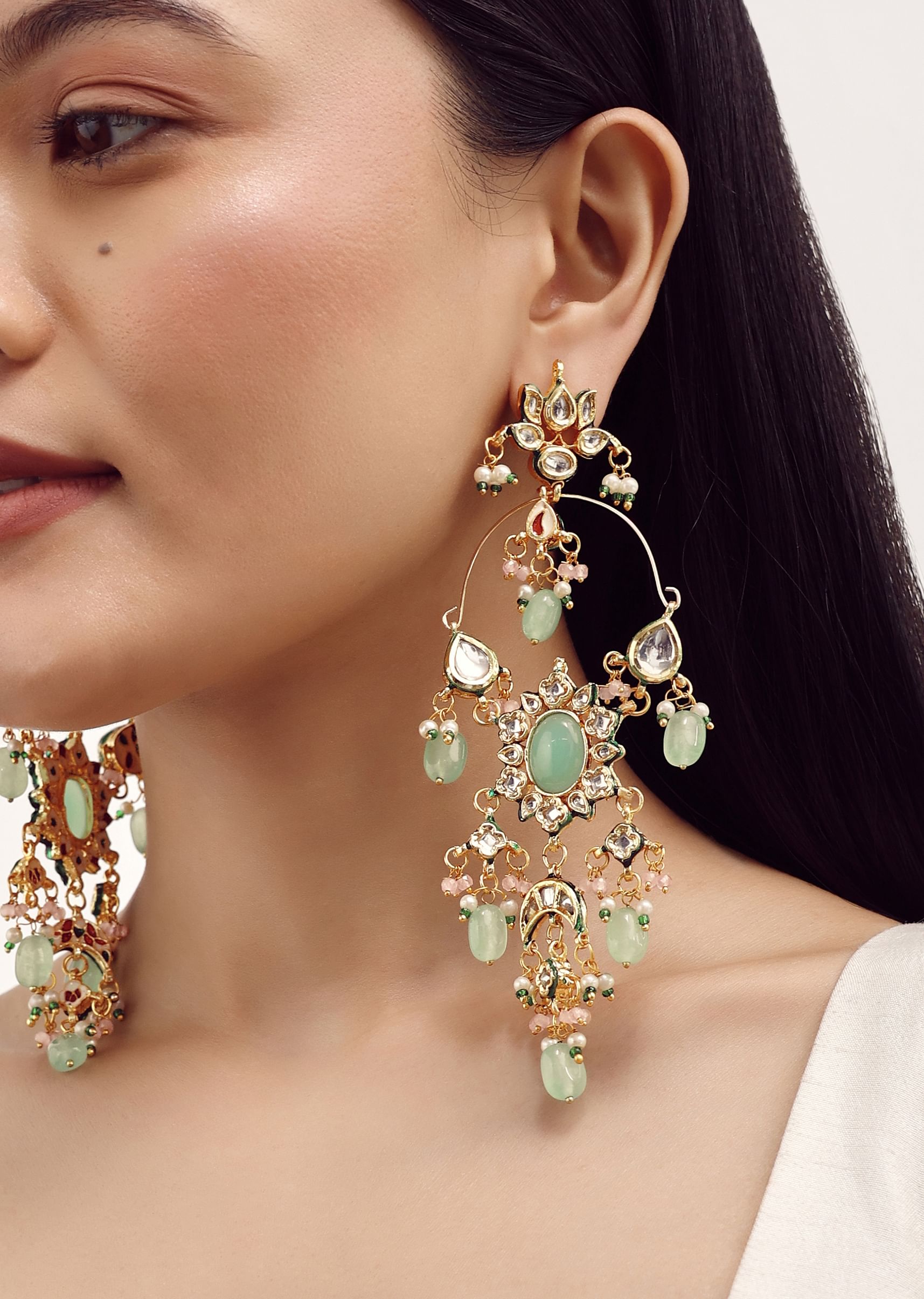 Buy Mint Green Dangler Earrings With Kundan Work In Mix Metal