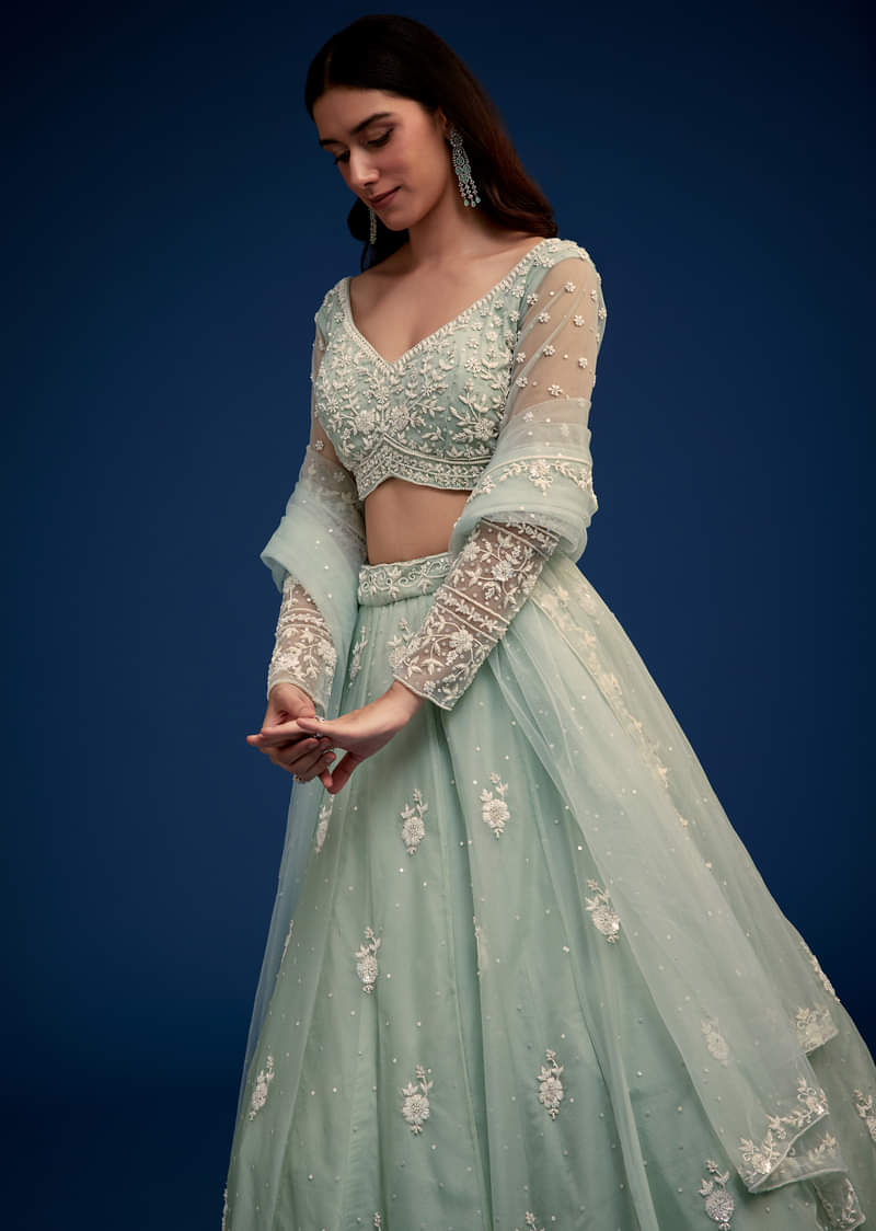 Mint Green Embroidered Lehenga Set