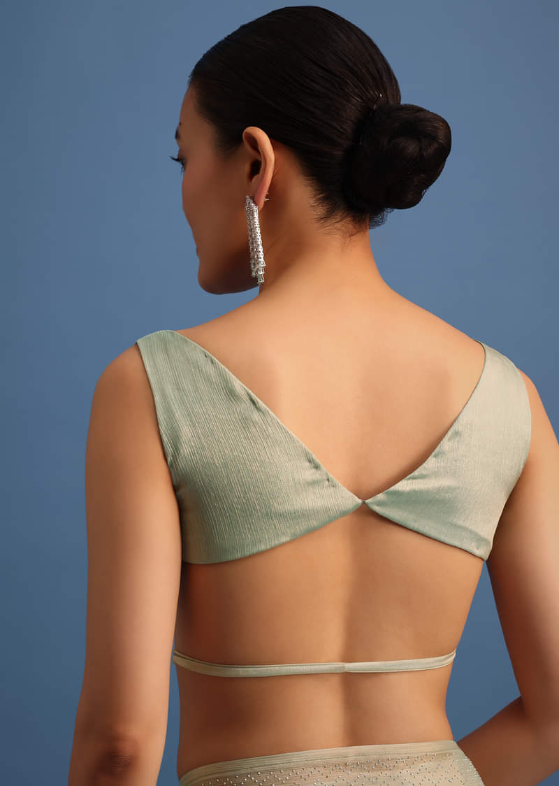 Mint Green Satin Saree With Thread And Stone Work Border With Unstitched Blouse