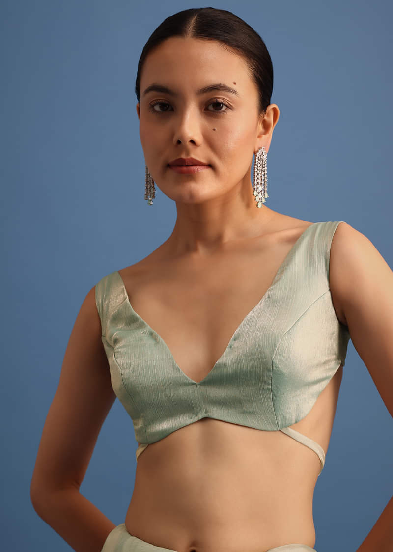 Mint Green Satin Saree With Thread And Stone Work Border With Unstitched Blouse