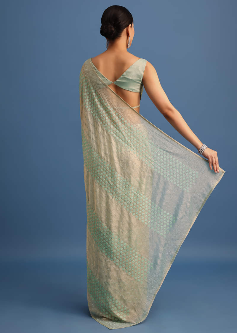 Mint Green Satin Saree With Thread And Stone Work Border With Unstitched Blouse