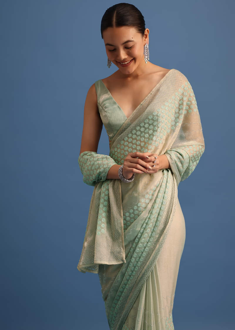 Mint Green Satin Saree With Thread And Stone Work Border With Unstitched Blouse