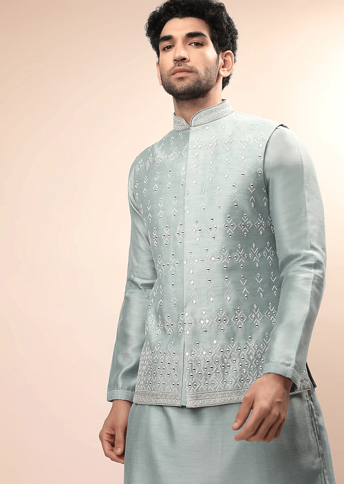 Buy Mint Nehru Jacket And Kurta Set With Resham And Mirror Embroidered Tribal Buttis Online Kalki Fashion