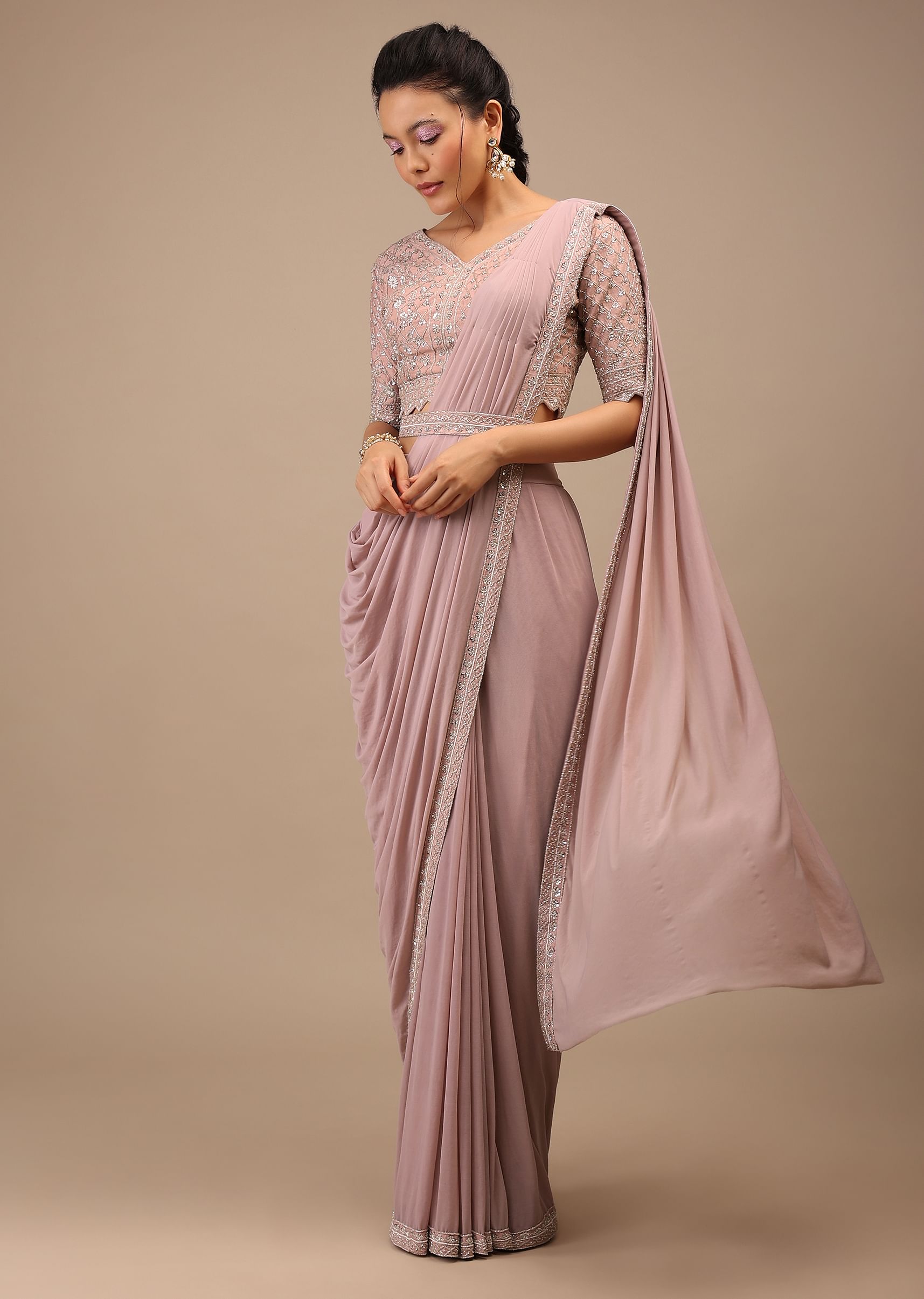 Buy Misty Rose Pleated Saree In Lycra Blend Detailed With Embroidery Work On Pallu Border And Moroccan Jaal KALKI Fashion India