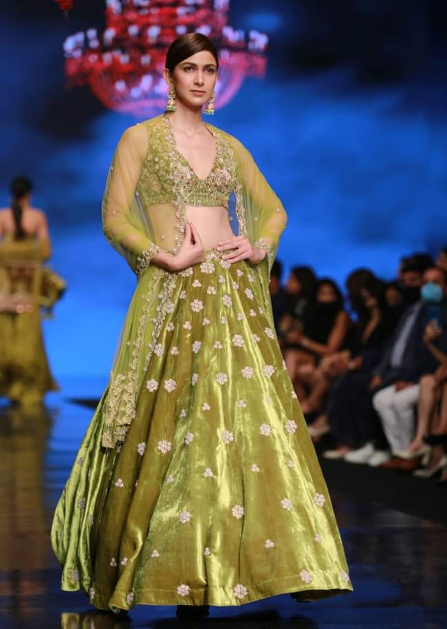 Moss Green Lehenga Choli With Multi Colored Hand Embroidered Floral Buttis 