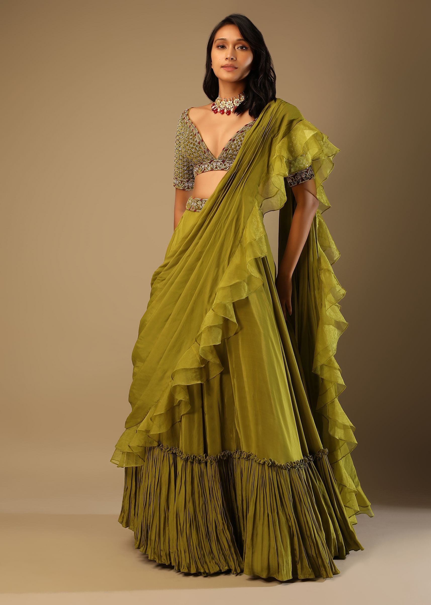 Buy Moss Green Lehenga Saree In Crepe With Frill Drape And