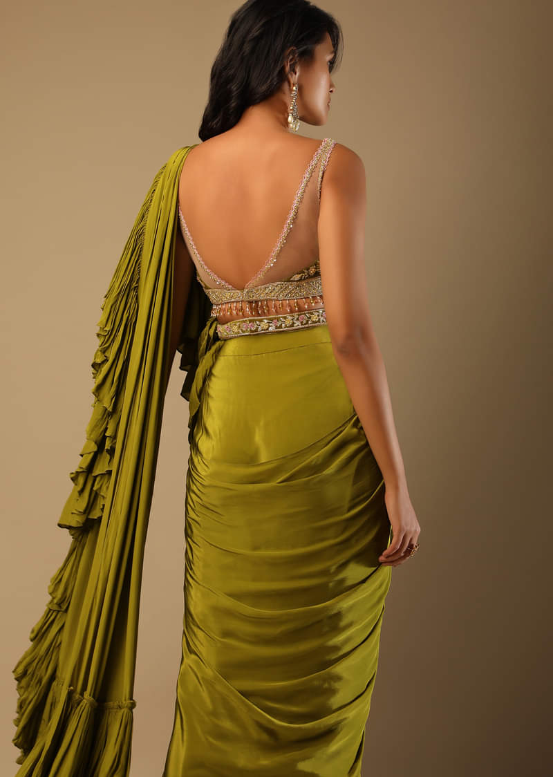 Moss Green Readymade Ruffle Saree In Crepe With Multi Colored Hand Embroidered Floral Blouse 