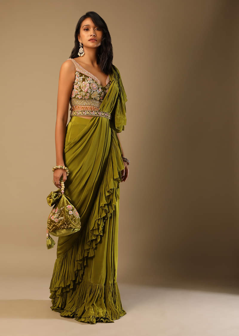Moss Green Readymade Ruffle Saree In Crepe With Multi Colored Hand Embroidered Floral Blouse 