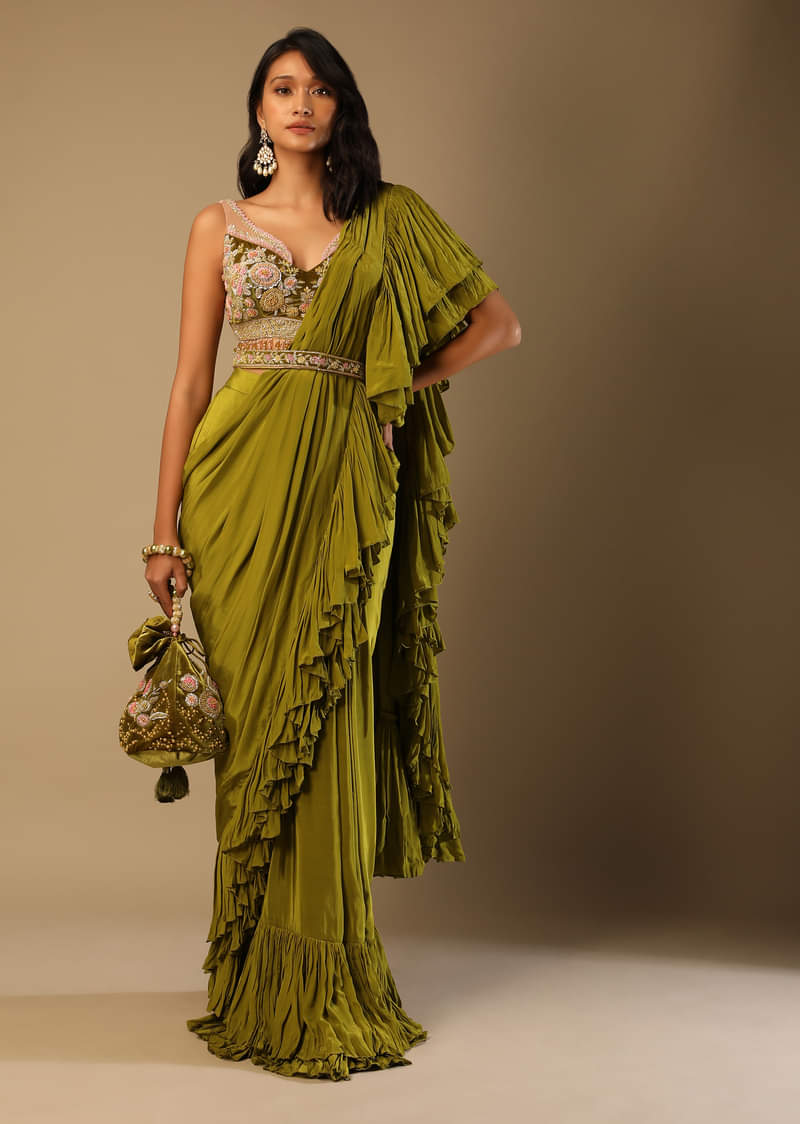 Moss Green Readymade Ruffle Saree In Crepe With Multi Colored Hand Embroidered Floral Blouse 