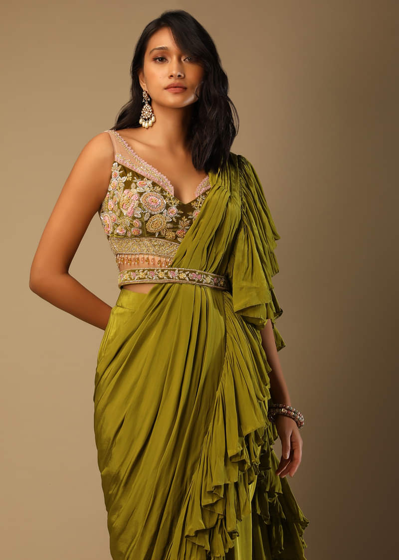 Moss Green Readymade Ruffle Saree In Crepe With Multi Colored Hand Embroidered Floral Blouse 