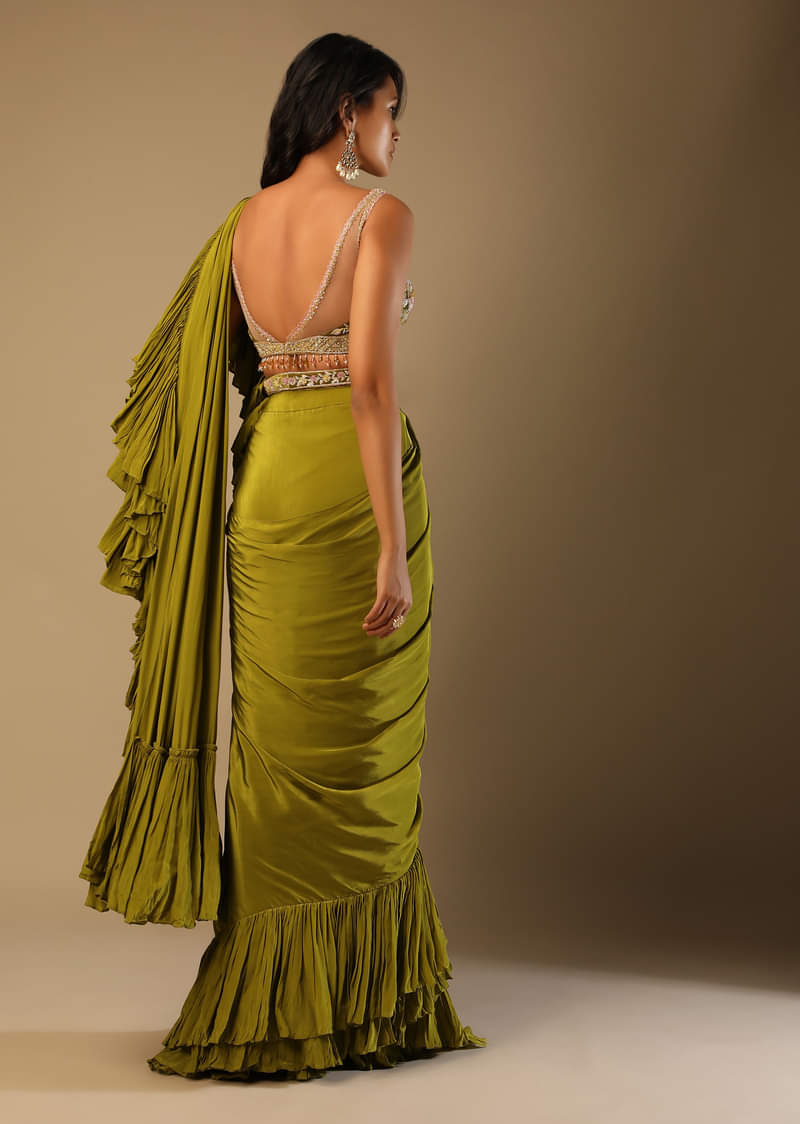 Moss Green Readymade Ruffle Saree In Crepe With Multi Colored Hand Embroidered Floral Blouse 