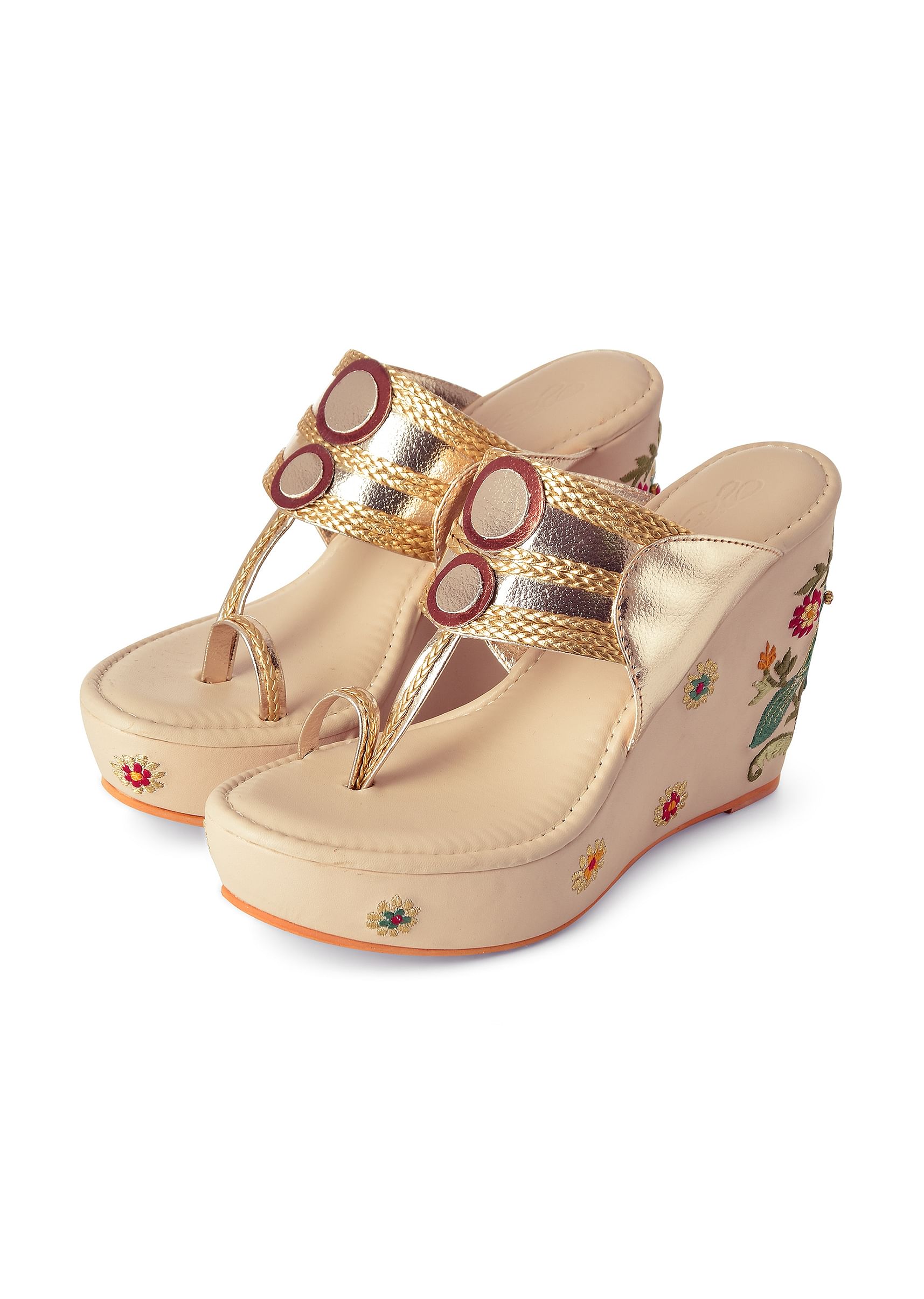Buy Multi Colored 4 Inch Wedges With Peacock Design And An Emerald Stone KALKI Fashion Global