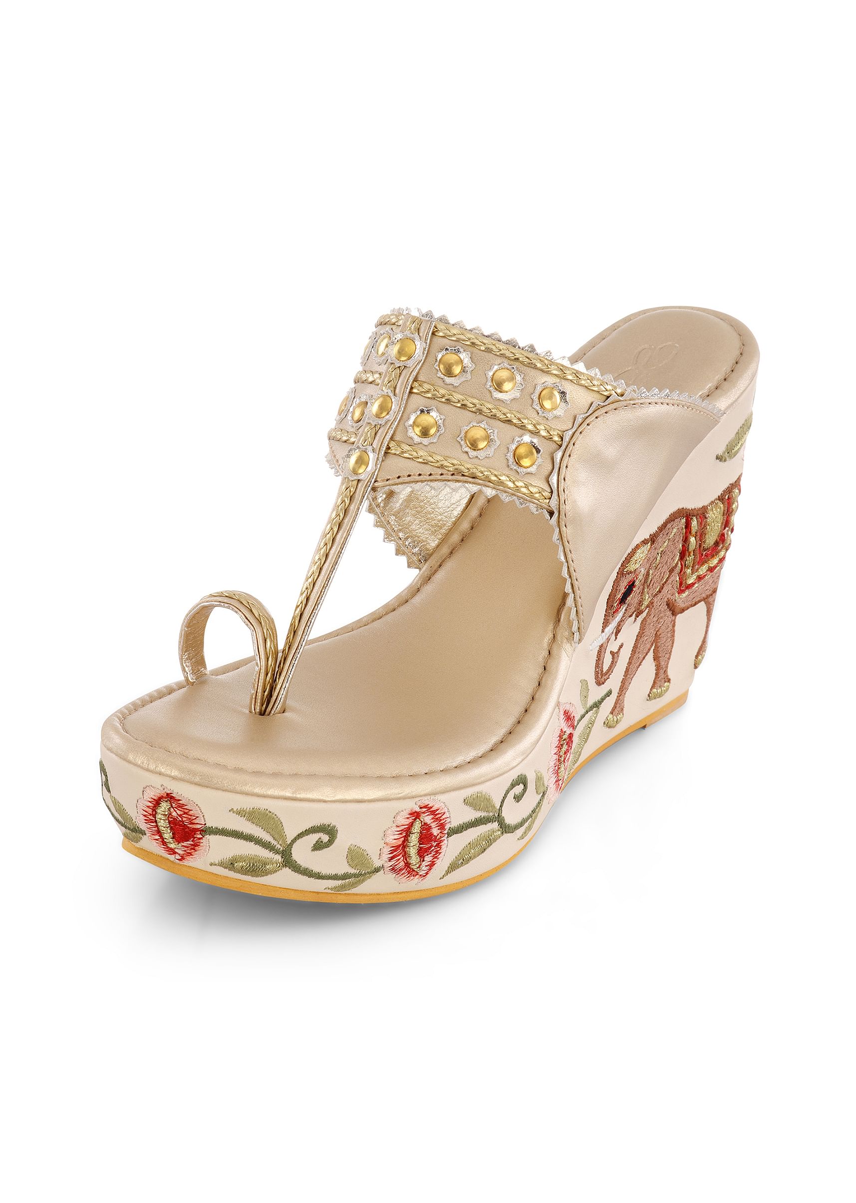 Buy Multi Colored Royal 4 Incha Kolhapuri Wedges With Embroidered Flowers