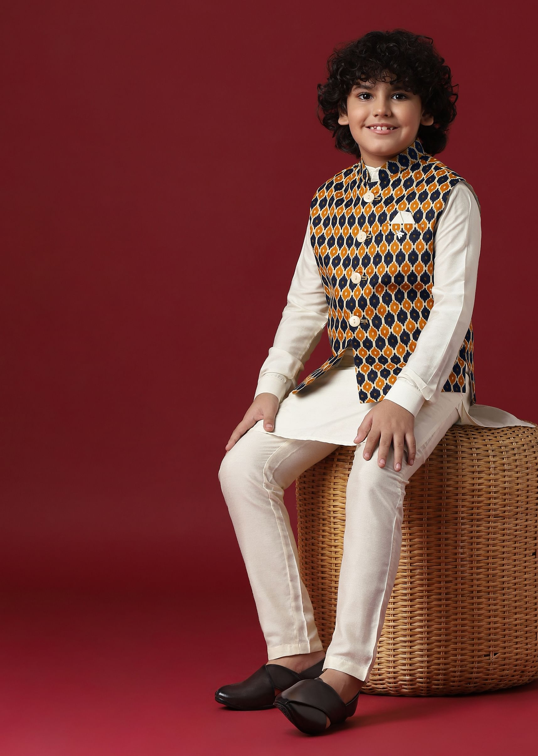 Buy Multi Coloured Printed Jacket Kurta Set In Silk For Boys