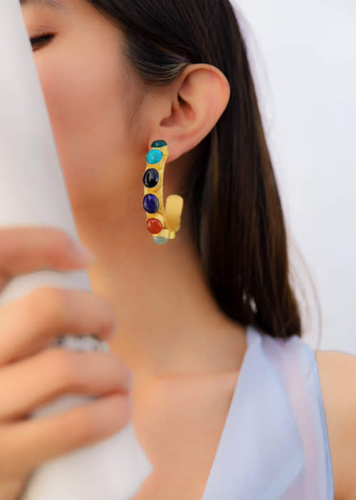 3/4 Hoop Fashion Earrings with Multicolored Dyed Stones 3/4 Hoop Fashion Earrings with Multicolored Dyed Stones