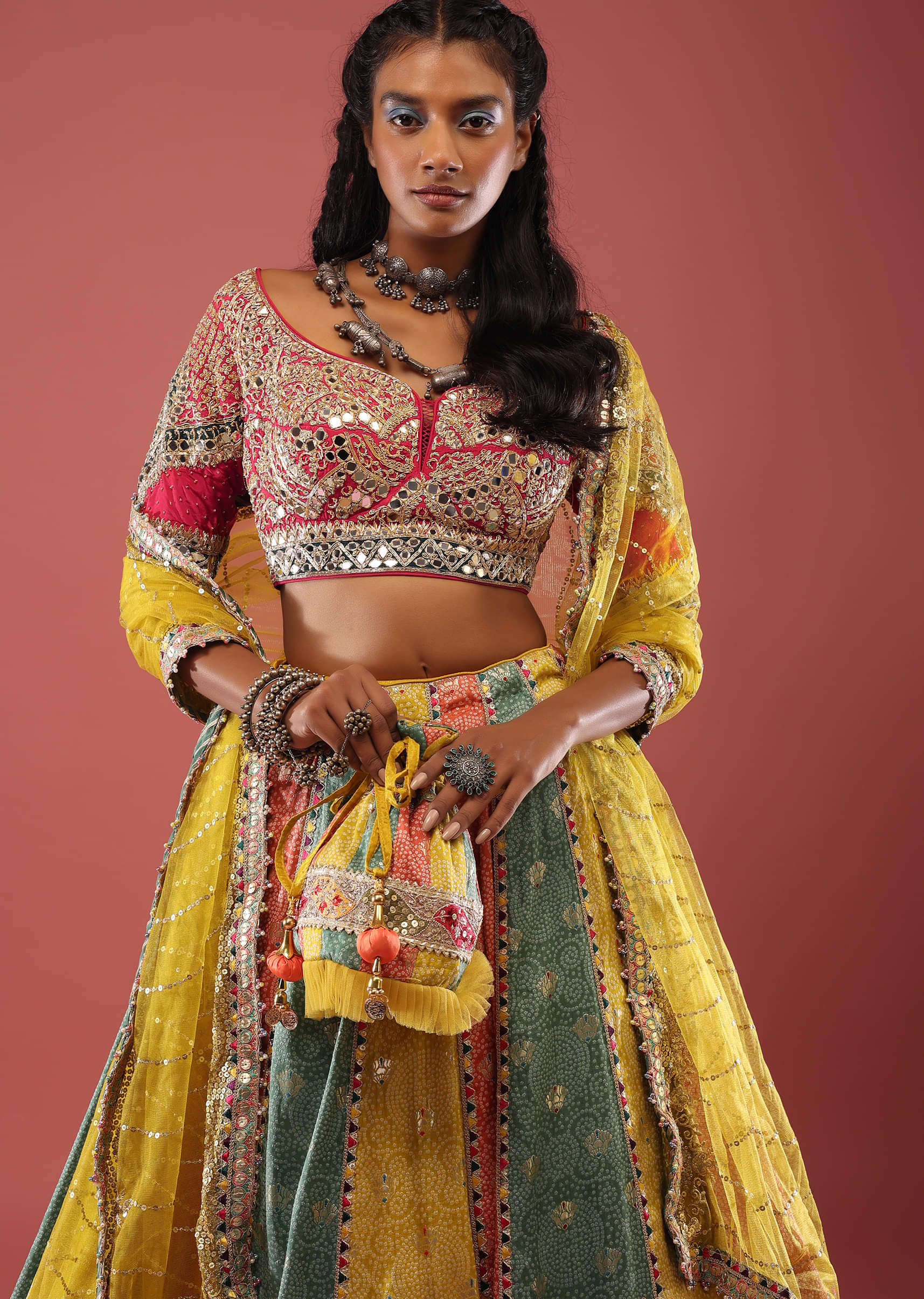 Bandhani mirror work lehengas new arrivals