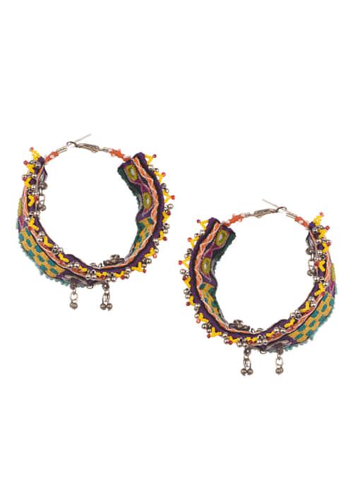 Buy Multicolor Hand Embroidered Thread And Beaded Boho Hoop