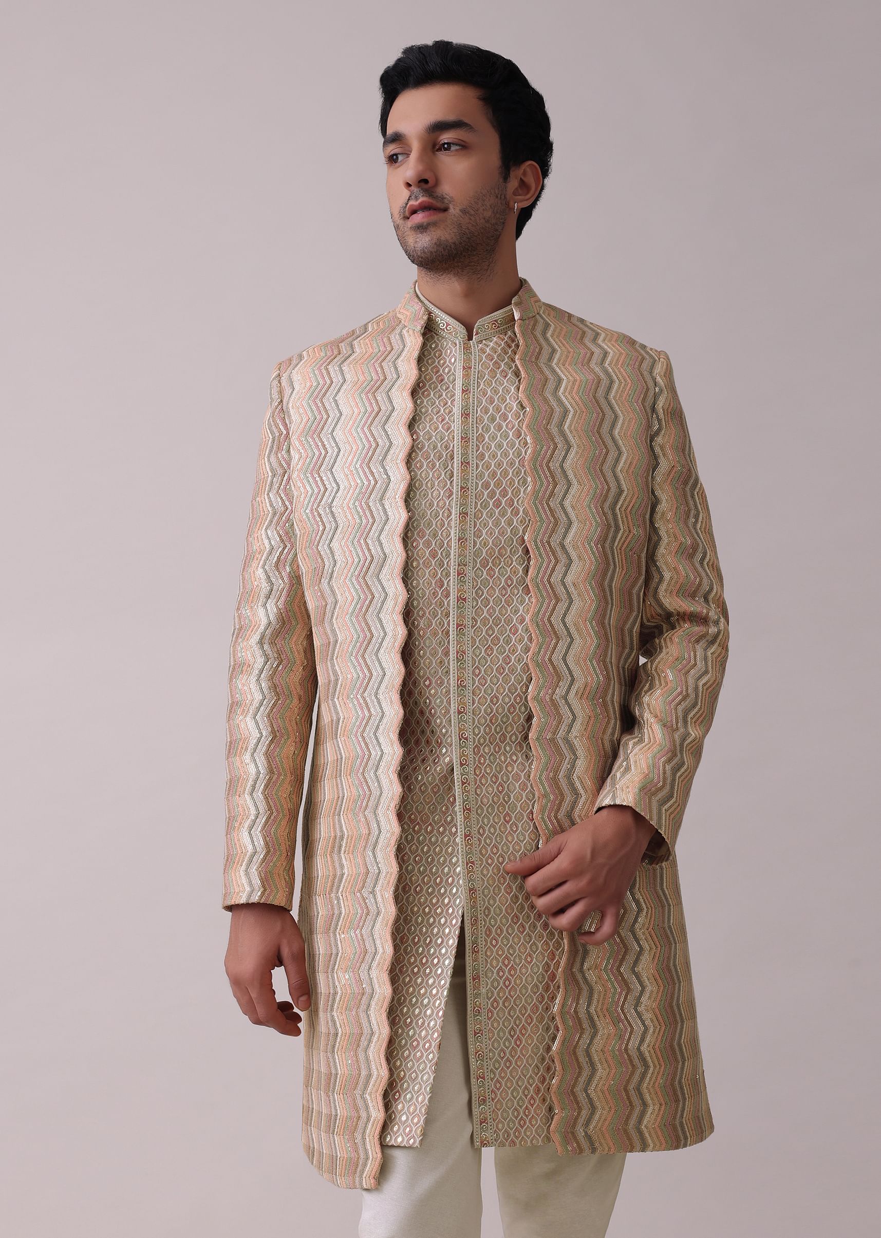 Buy Multicolor Achkan Jacket Sherwani Set In Silk With Mirrorwork KALKI Fashion India
