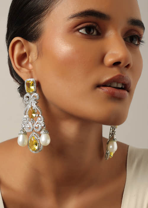 Buy Multicolor Earrings With Champagne Stones And Pearl Drops