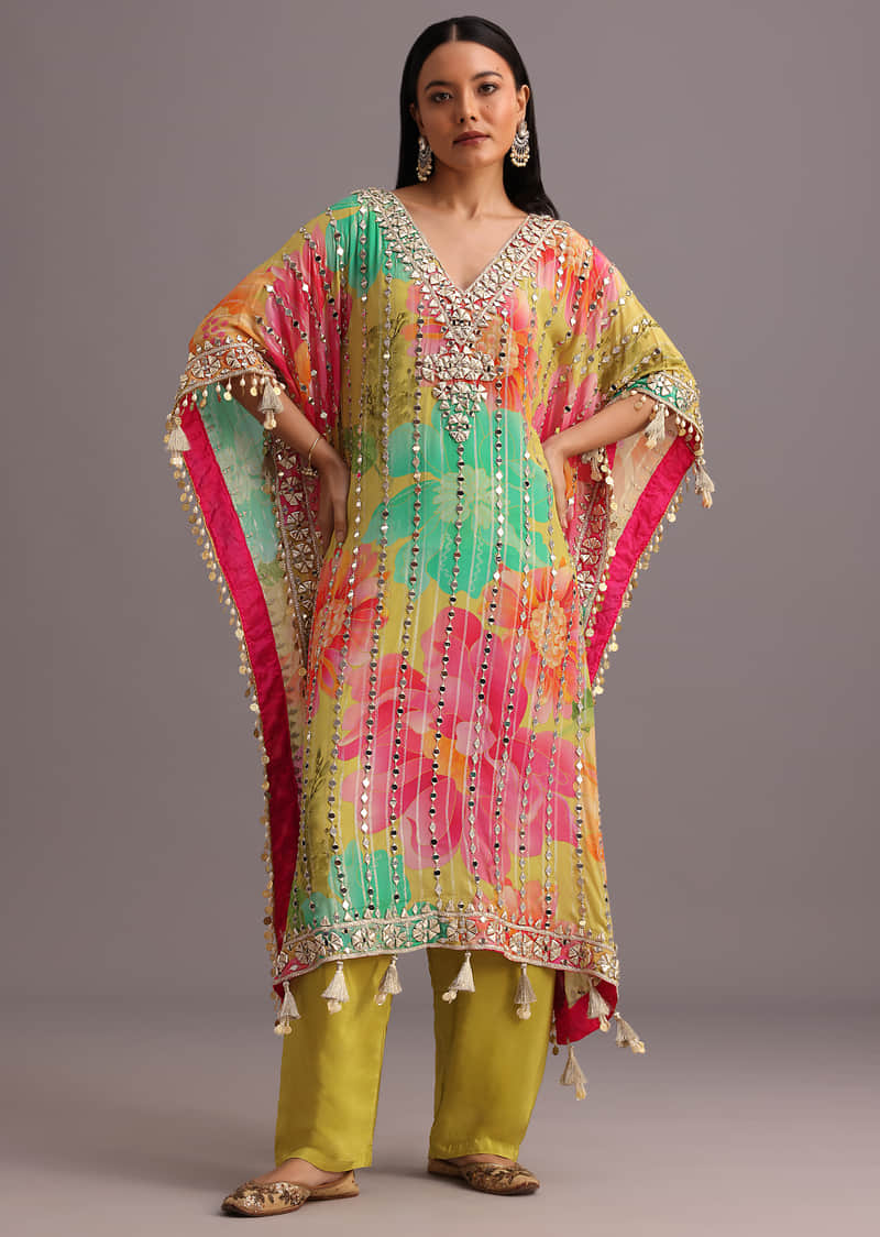 Buy Multicolor Floral Printed Mirror Work Kaftan Set KALKI Fashion India