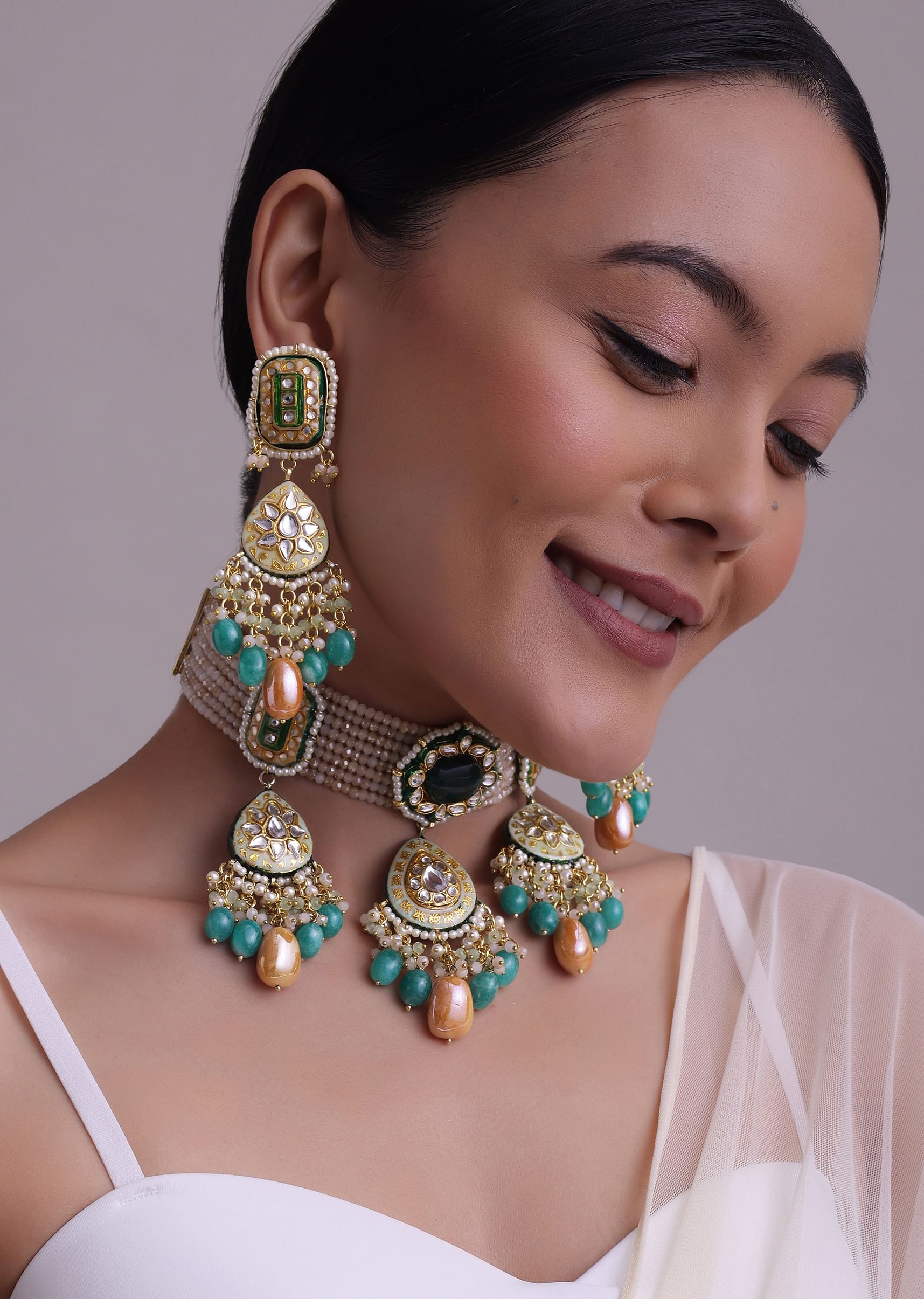 Buy Multicolor Gold Finish Kundan Choker Necklace Set With Colourful Meenakari Work And Drop Stones In Mix Metal KALKI Fashion India