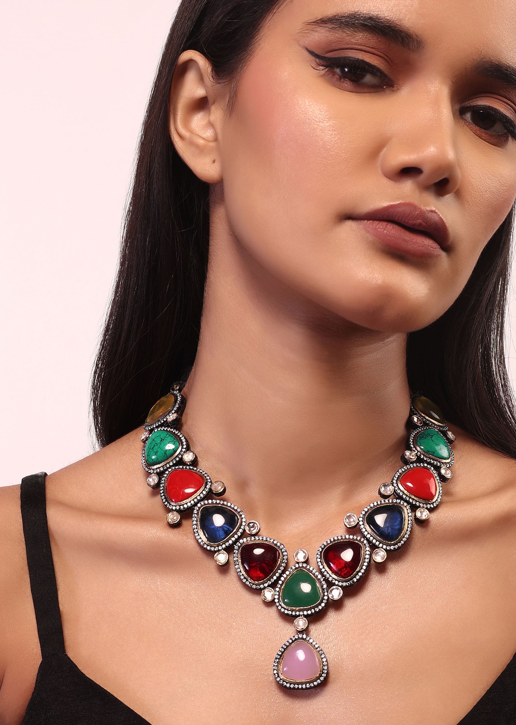 Buy Carved Multi Colored Stone Necklace Edged In Swarovski And Kundan