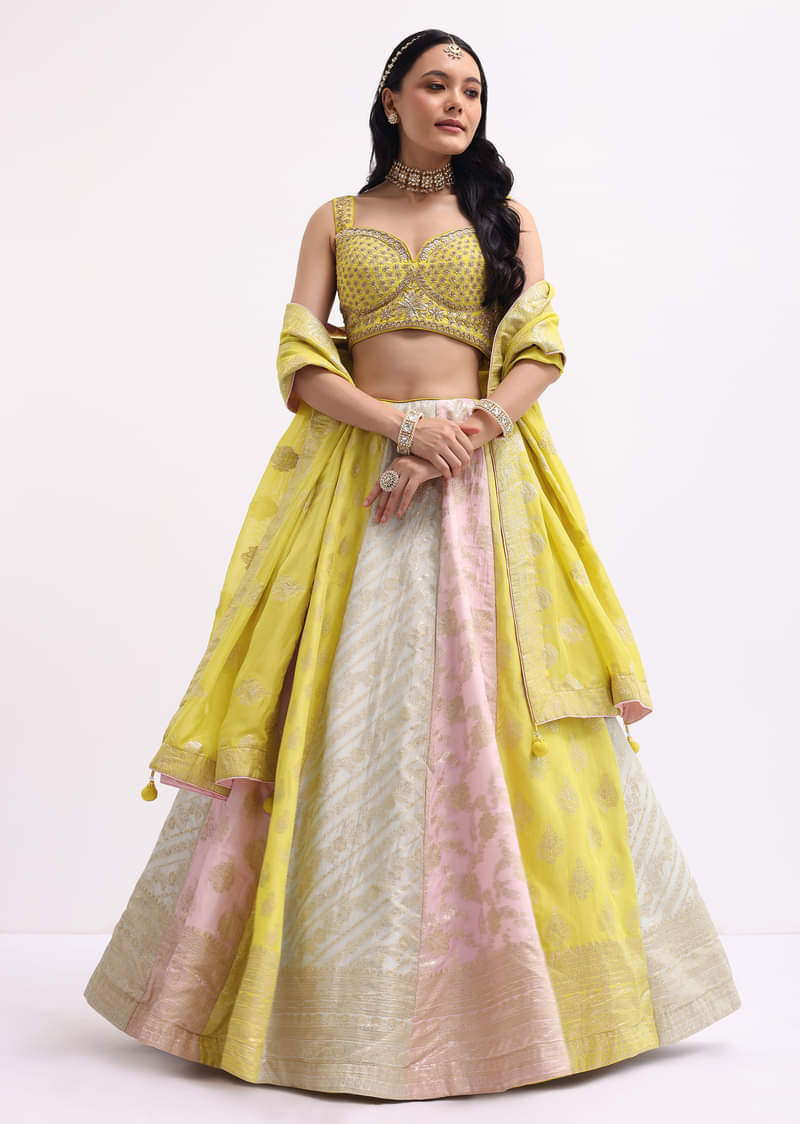 Buy Multicolour Hand Embroidered Silk Lehenga Choli Set
