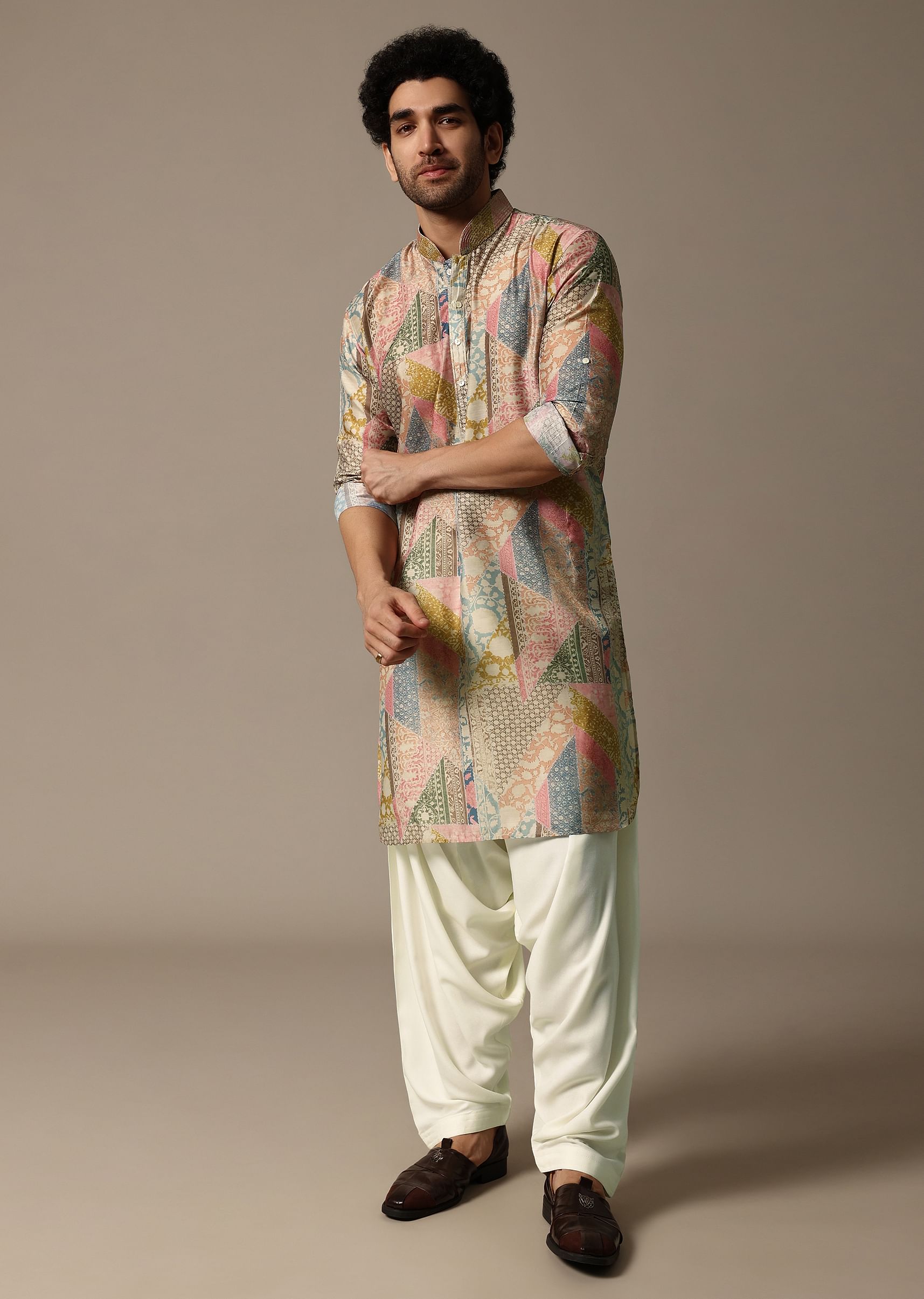 Buy Multicolour Printed Silk Kurta Salwar For Men KALKI Fashion India