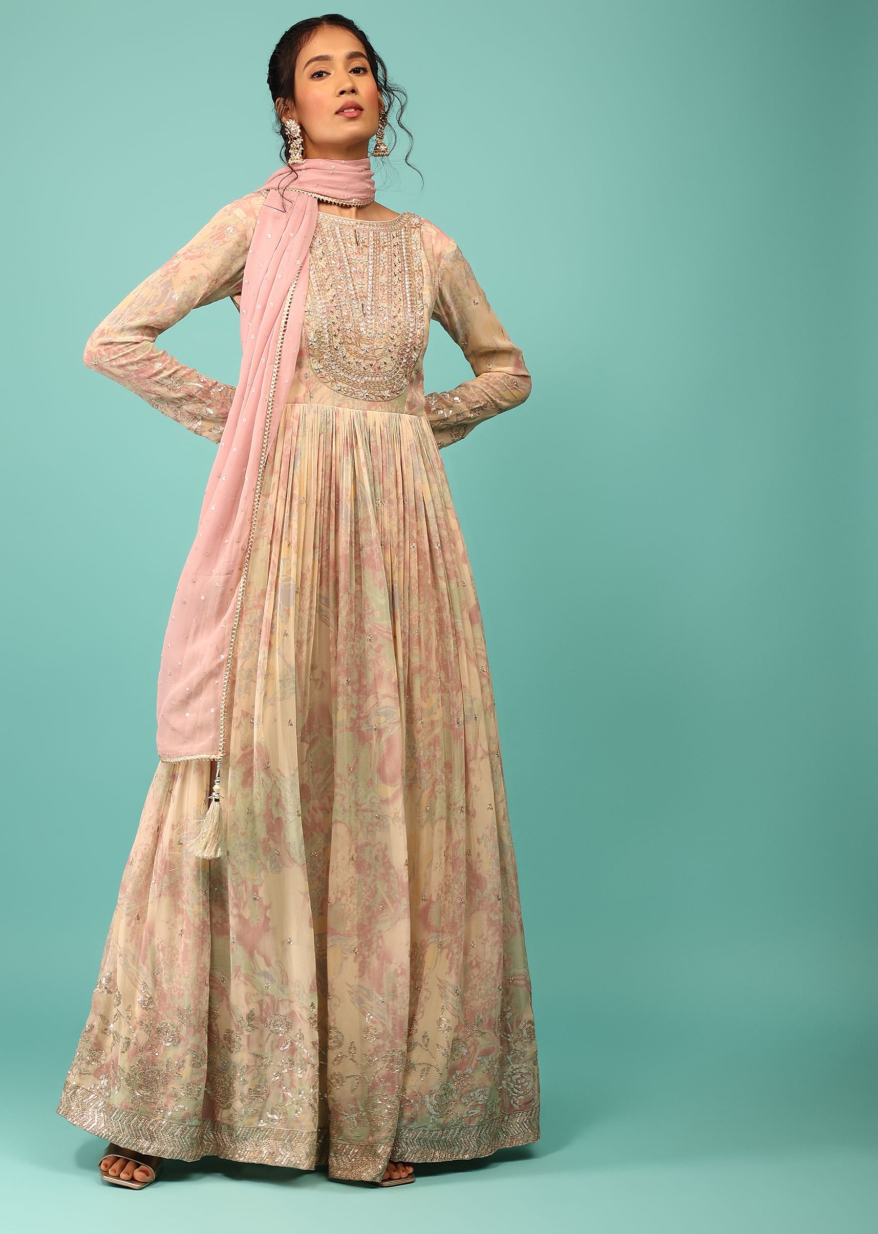 Buy Multicoloured Anarkali Suit In Georgette With Floral Print Embroidery And A Cameo Pink Dupatta KALKI Fashion Global