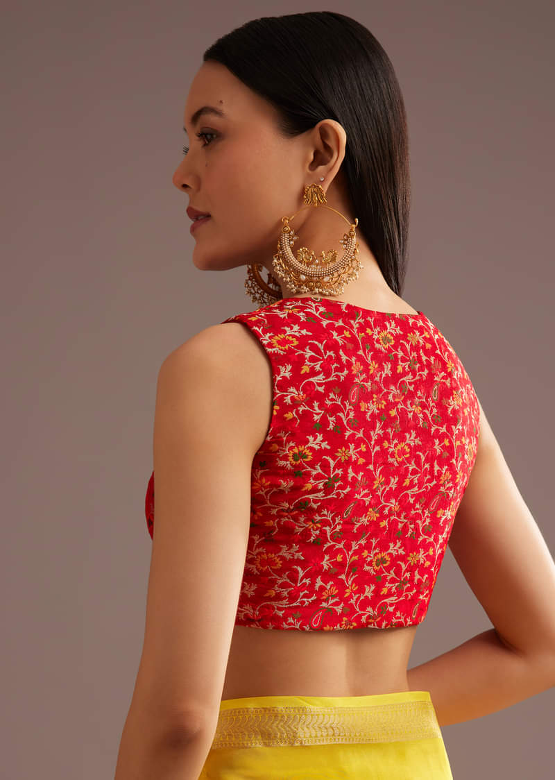 Mustard Yellow Crepe Silk Saree With Zari Border And Contrast Blouse