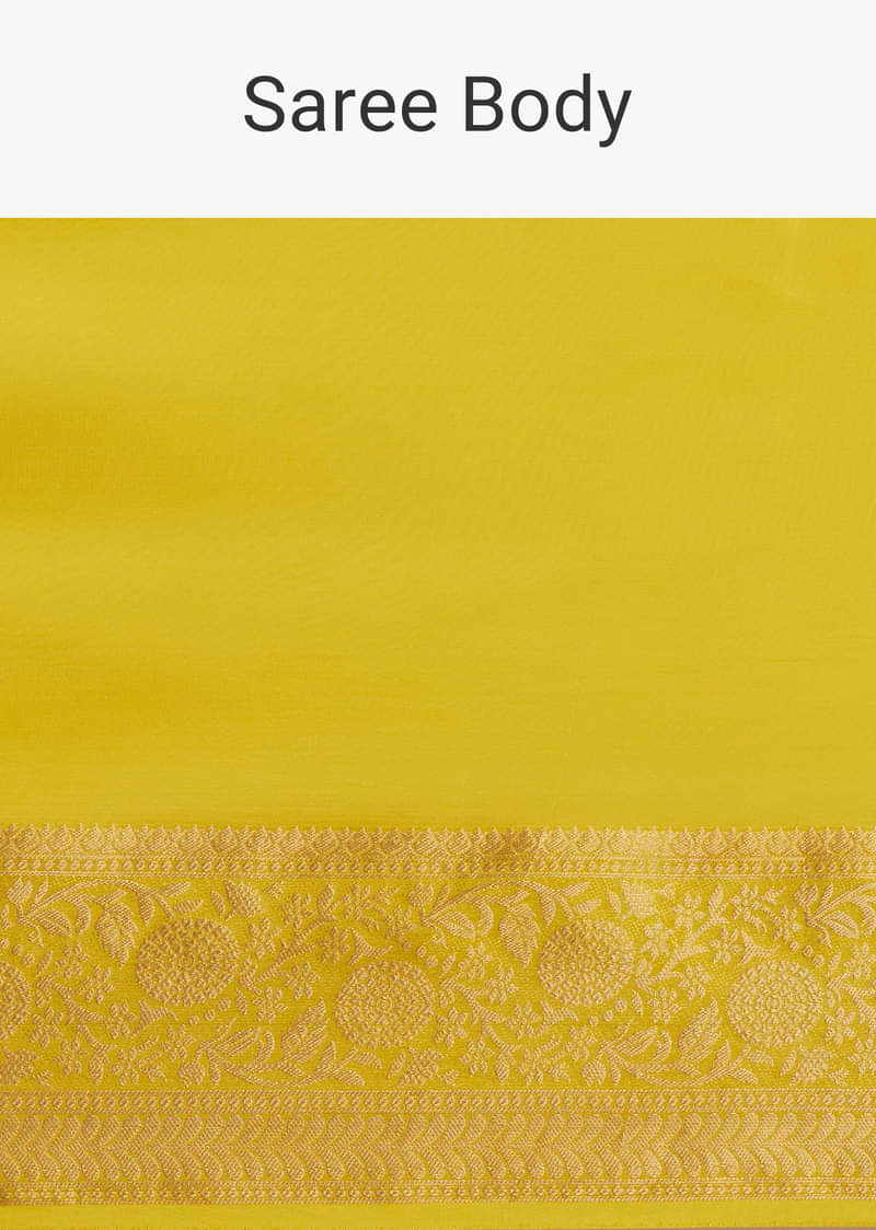 Mustard Yellow Crepe Silk Saree With Zari Border And Contrast Blouse