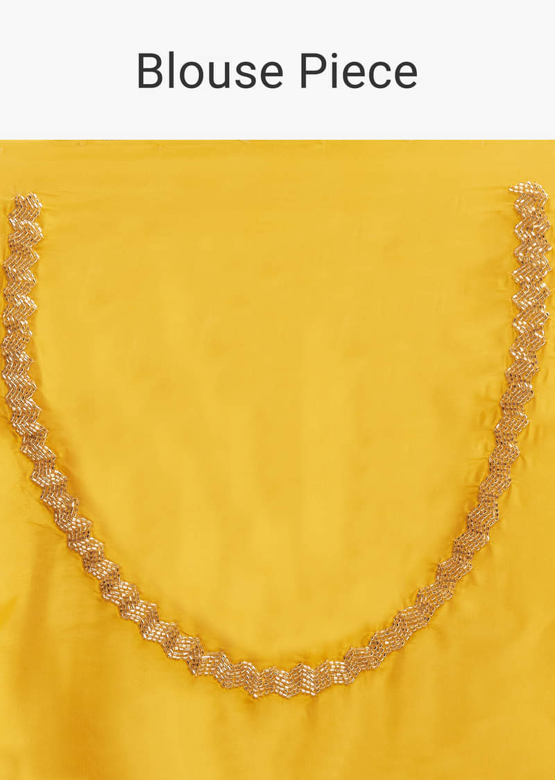 Mustard Yellow Organza Saree With Scallop Border And Stone Work