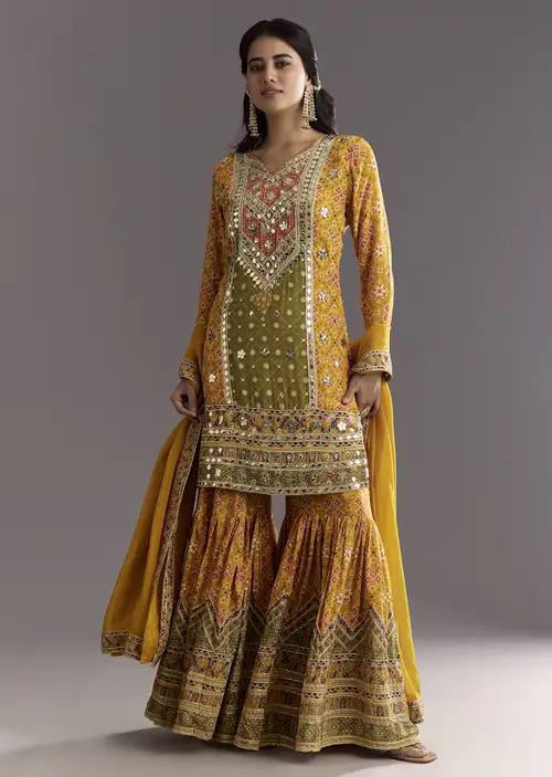 Mustard Yellow Patola Printed Kurta Sharara Suit With Organza Dupatta