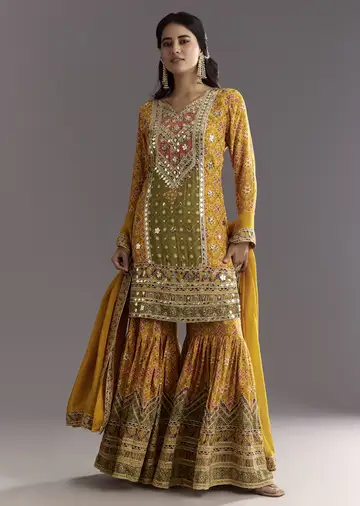 Mustard Yellow Patola Printed Kurta Sharara Suit With Organza Dupatta