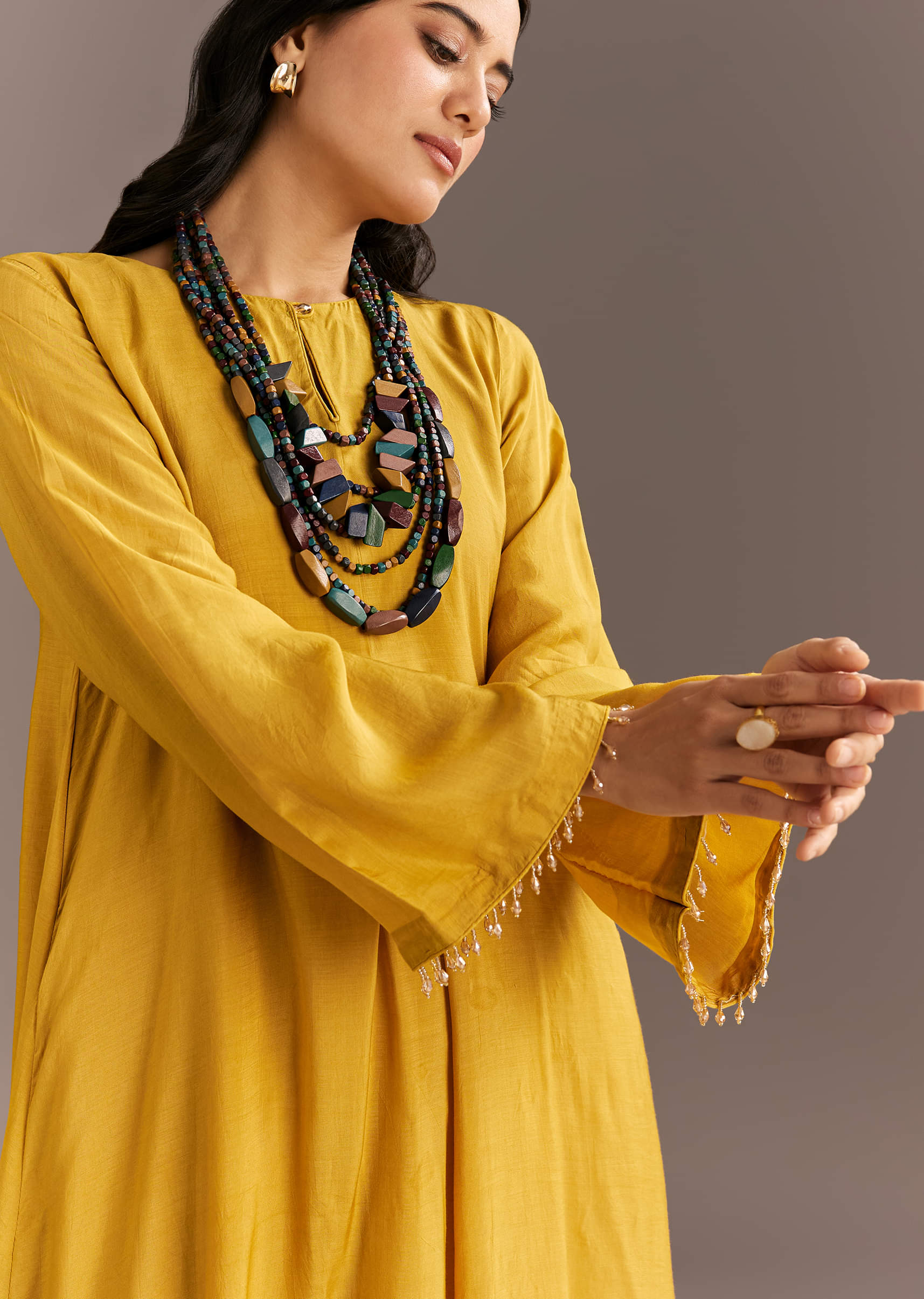 Buy Mustard Yellow Solid Kurta Palazzo Set With Wooden Bib