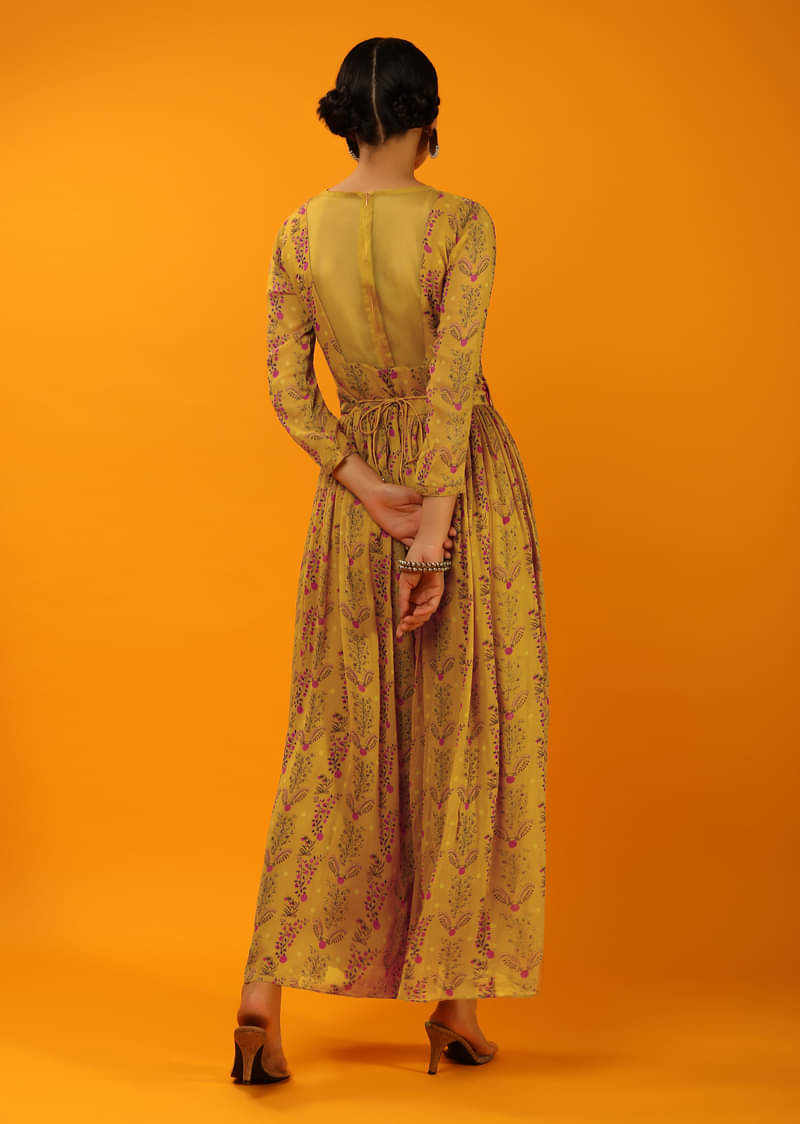Mustard Jumpsuit In Georgette With Floral Print And Thread Embroidered Belt  