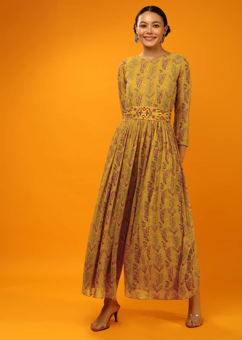Mustard Jumpsuit In Georgette With Floral Print And Thread Embroidered Belt  