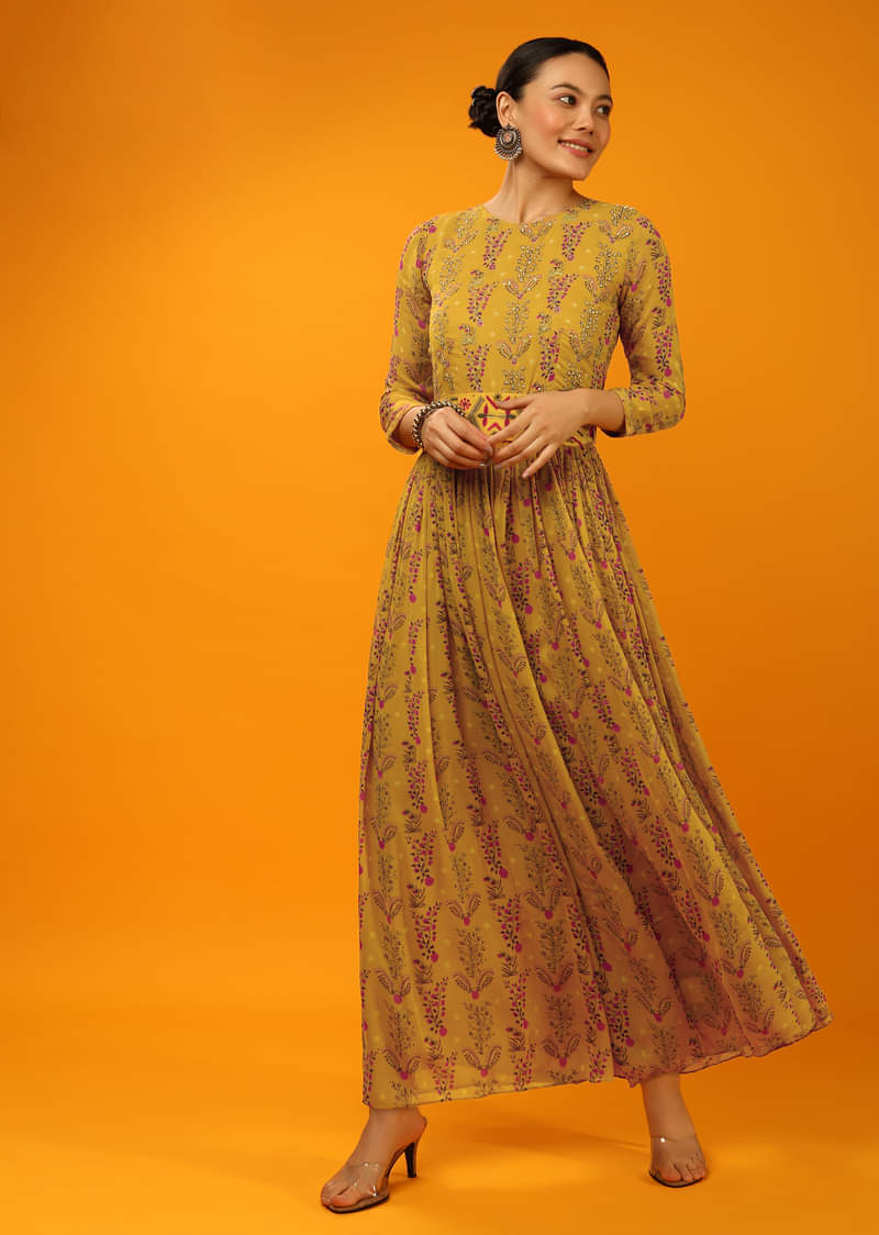 Mustard Jumpsuit In Georgette With Floral Print And Thread Embroidered Belt  