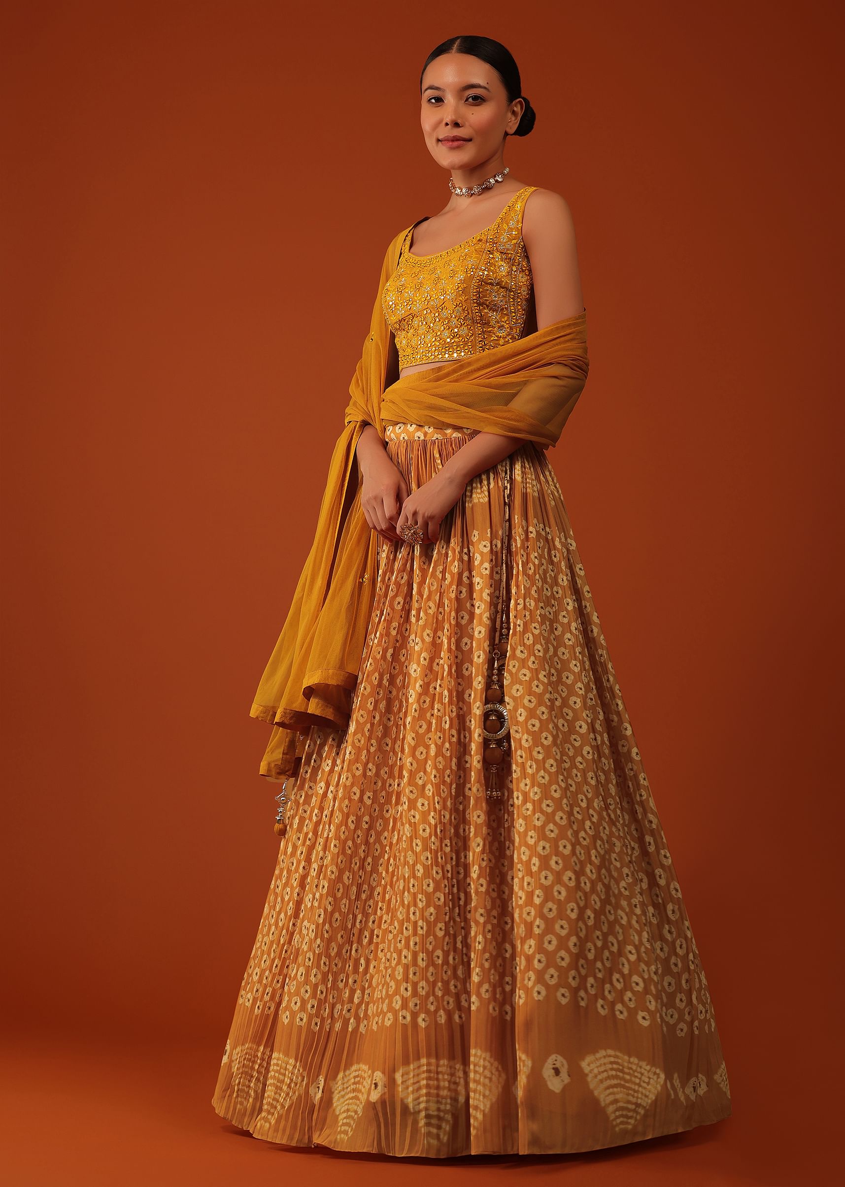 Buy Mustard Yellow Bandhani Printed Lehenga And Blouse Set In Silk | KALKI  Fashion India