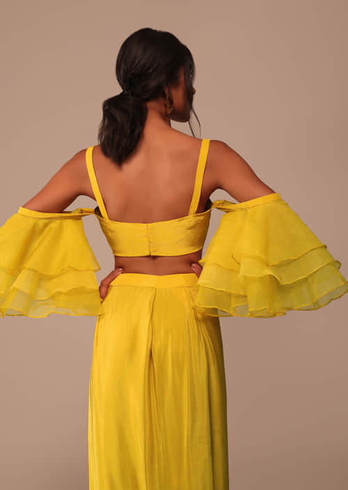 Buy Mustard Yellow Crepe Saree With Ruffle Layered Blouse And