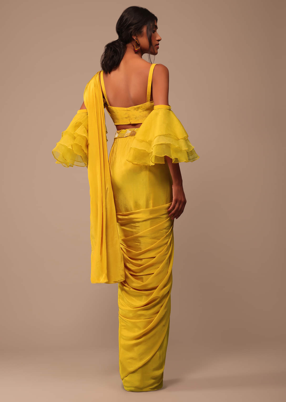 Mustard Yellow Crepe Saree With Ruffle Layered Blouse And Embroidered Belt